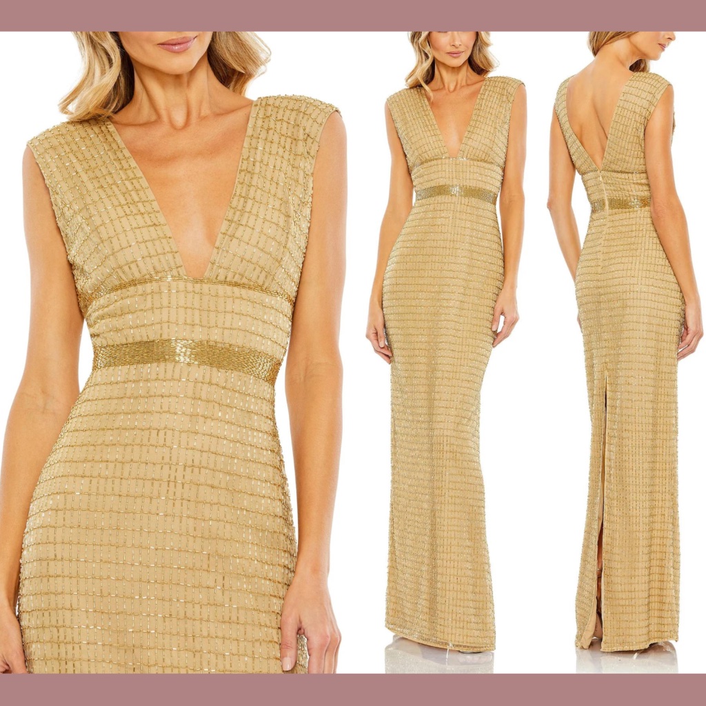 Nwt $598 Mac Duggal [ 8 ] Beaded Cap Sleeve V Neck Column Gown In Gold